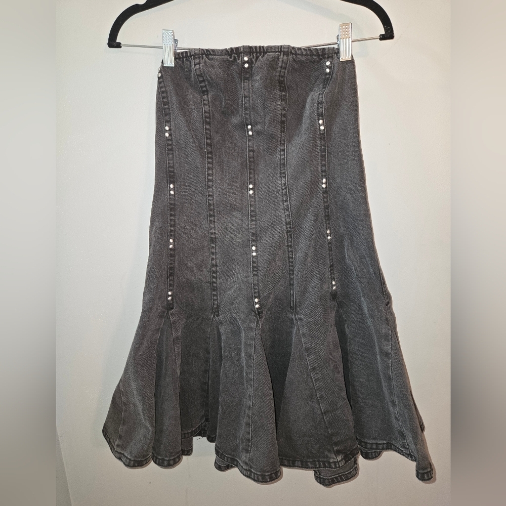 wild fable Strapless Dark Gray Denim Flared Dress with Stud Details
